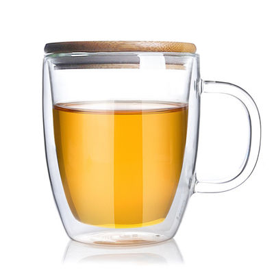 Chiavetta di vetro doppia dell'alto borosilicato, tazza di tè trasparente con il coperchio di bambù fornitore