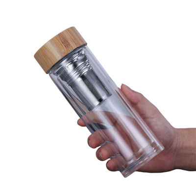 Bottiglia di vetro borosilicato su misura, bottiglia bevente del vetro trasparente con il coperchio di bambù fornitore