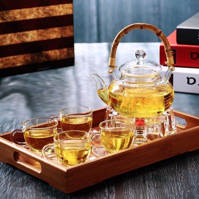 Teiera del vetro trasparente tè/del caffè con protezione di bambù dello shock termico della maniglia fornitore