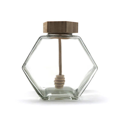 Dispositivo di gocciolamento di bambù di legno di esagono del miele del barattolo del vaso di capacità di vetro vuota del barattolo 12oz fornitore